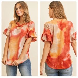 NWOT Orange Creamsicle Tie Dye Ruffle Sleeve Knit Top